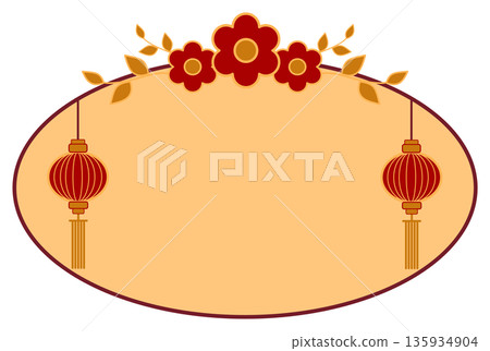Oval Chinese Decorative Frame with Red Flowers and Lanterns Oval Chinese Decorative Frame with Red Flowers and Lanterns 135934904