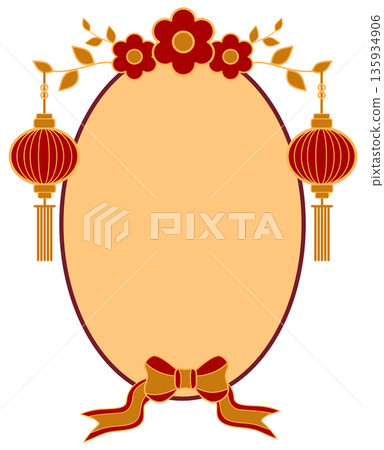 Elegant Vertical Oval Chinese Label with Lanterns and Festive Ribbon Elegant Vertical Oval Chinese Label with Lanterns and Festive Ribbon 135934906