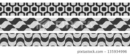 Ipanema, Sao Paulo and Copacabana sidewalk borders with realistic cobblestone texture. Tapes with Brazilian beach promenade prints. Mosaic prints in Portuguese pavement style. Vector illustration Ipanema, Sao Paulo and Copacabana sidewalk borders with realistic cobblestone texture. Tapes with Brazilian beach promenade prints. Mosaic prints in Portuguese pavement style. Vector illustration 135934996