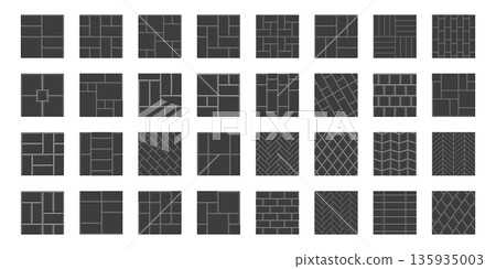 Set of different wall tile patterns. Black ceramic or stone wall textures. Kitchen backsplash or bathroom floor backgrounds. Interior or exterior surface mosaic decorations. Vector flat illustration 135935003