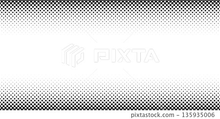 Top and bottom borders with faded halftoned effect and empty space in center. Polka dot pattern. Wallpaper with noise, grain, pixel or bitmap texture. Comic book template. Vector graphic illustration 135935006
