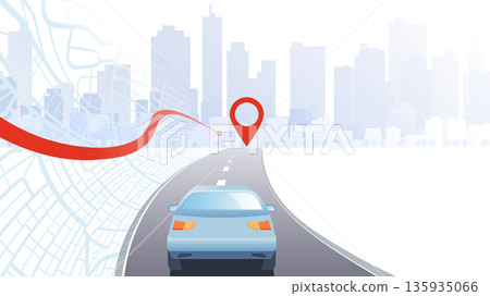 Concept of navigation to city. Car traveling on road, with red arrow pointing towards skyline city buildings and road going to the city. Traffic on the highway. Vector illustration 135935066