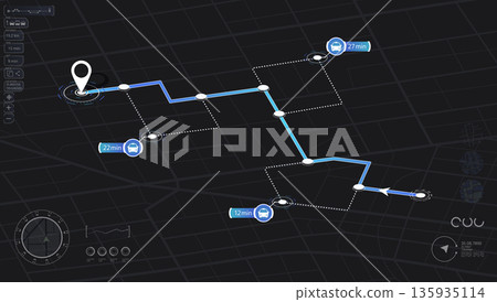 Detailed city street map with various points of interest. GPS tracking system to navigate and find way around the city landmarks, directions to different locations. Vector illustration 135935114