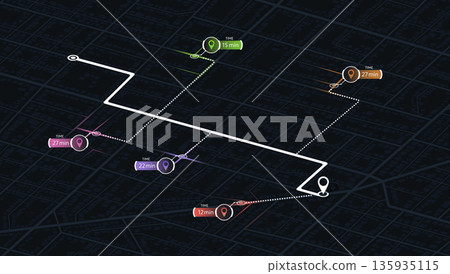 Detailed city street map with various points of interest. GPS tracking system to navigate and find way around the city landmarks, directions to different locations. Vector illustration Detailed city street map with various points of interest. GPS tracking system to navigate and find way around the city landmarks, directions to different locations. Vector illustration 135935115