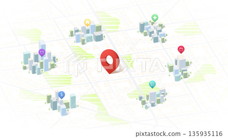 Concept of your location. City map featuring various types of infrastructure. Navigation plan to nearby restaurants, convenience stores, shop. Vector illustration highlight essential locations Concept of your location. City map featuring various types of infrastructure. Navigation plan to nearby restaurants, convenience stores, shop. Vector illustration highlight essential locations 135935116
