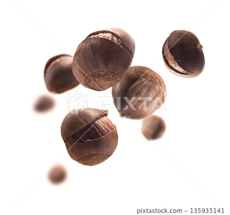 Ripe chestnuts levitate on a white background Ripe chestnuts levitate on a white background 135935141