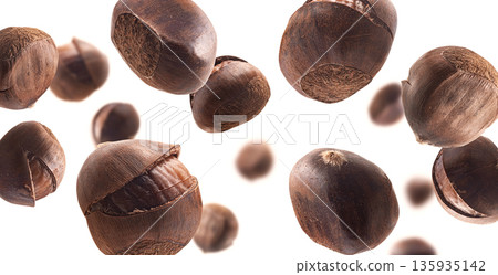 Ripe chestnuts levitate on a white background Ripe chestnuts levitate on a white background 135935142