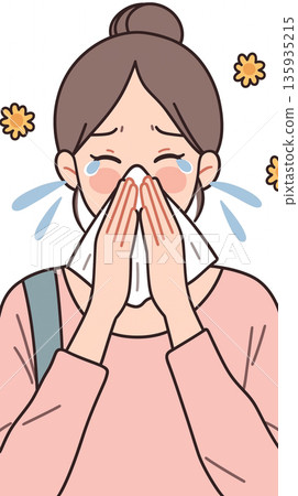 描繪女性因花粉或感冒而痛苦的插圖。她打噴嚏、流鼻水、流眼淚，臉部表情痛苦不堪。可用於日常場景。 135935215