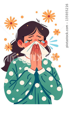 描繪女性因花粉或感冒而痛苦的插圖。她打噴嚏、流鼻水、流眼淚，臉部表情痛苦不堪。可用於日常場景。 135935216