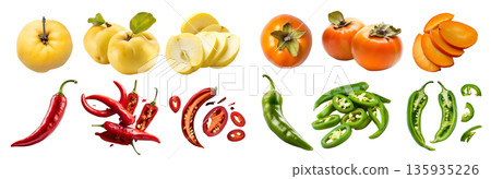 Collection set of 4 fruits, quince pome, persimmon, red green chili pepper, sliced choped halved on transparent cutout, PNG file. Mockup template for artwork design 135935226