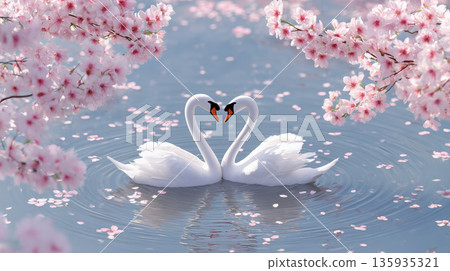 兩隻天鵝在湖面上游弋，組成心形，構成一幅浪漫的自然景象。 135935321