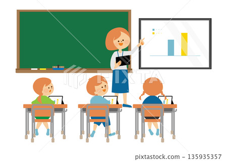 Students taking a class using a tablet in the classroom - Illustration 135935357