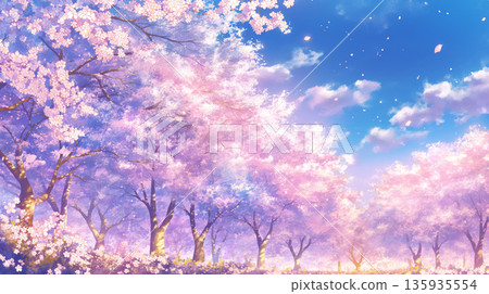 Cherry blossoms in full bloom and a quiet spring landscape image Event background material Message space included Gentle touch 135935554