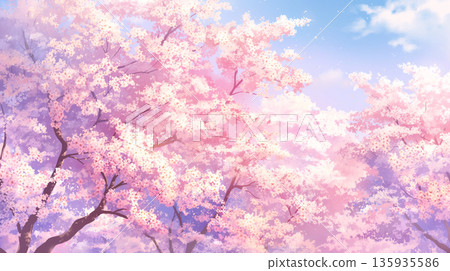 春日櫻花盛開，寧靜祥和。春風拂面，櫻花樹搖曳，離別的季節。手繪背景素材。空間可用。 135935586