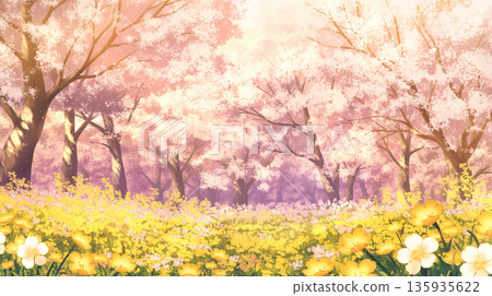 春日櫻花盛開，寧靜祥和。春風拂面，櫻花樹搖曳，離別的季節。手繪背景素材。空間可用。 135935622