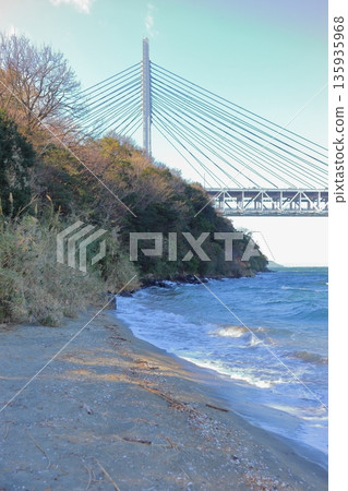 岩黑島的根基、黑濱海岸起伏的閃長岩以及瀨戶大橋（瀨戶內海，志久群島） 135935968