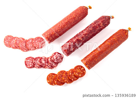Smoked sausages isolated on white. 135936189