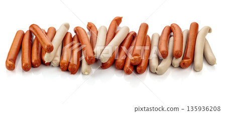 Various thin smoked sausages isolated on white. Various thin smoked sausages isolated on white. 135936208