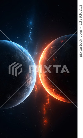 抽象的視覺效果表達了漂浮在太空中的冷熱能量之間的衝突與和諧。 135936212