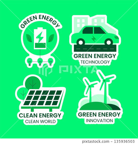 Clean Energy Innovation Label Design Flat Cartoon Hand Drawn Illustration Concept 135936503