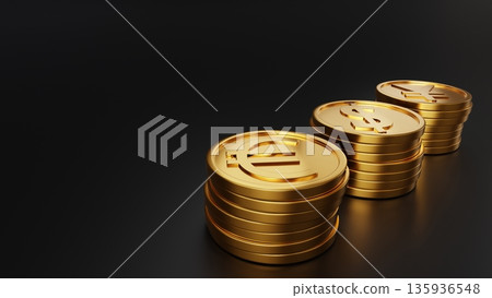 歐元、美元和日圓金幣整齊排列在黑色背景上。這幅金融圖景象徵著資產成長和國際成功。 135936548
