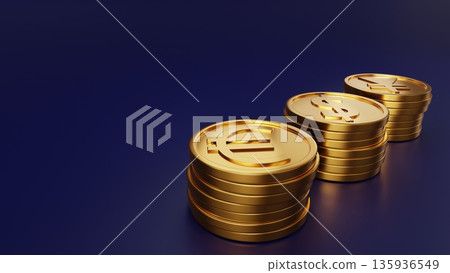 深藍色背景上的歐元、美元和日元金幣。象徵可靠的全球投資和穩定的資產管理。 135936549