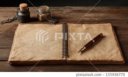 古董筆記本與鋼筆：木桌上的舊日記本，歷史與書法概念 135936770