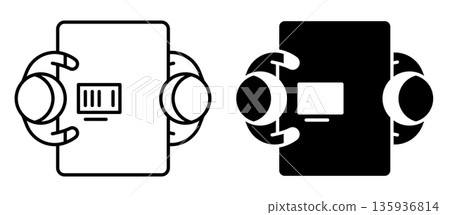 Linear icon. Employee applying for new job sits at table during an interview in front of an interviewer. Top view from above. Simple black and white vector Linear icon. Employee applying for new job sits at table during an interview in front of an interviewer. Top view from above. Simple black and white vector 135936814
