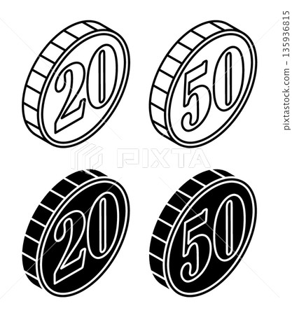 Linear isometric icon. Metal coins of 20 and 50 dollar, euro, pound, yen. Simple vector isolated on white background Linear isometric icon. Metal coins of 20 and 50 dollar, euro, pound, yen. Simple vector isolated on white background 135936815