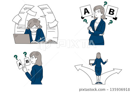 一組插畫,描繪了一位對工作選擇和決定感到困惑的女商人。 一組插畫,描繪了一位對工作選擇和決定感到困惑的女商人。 135936918