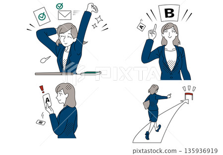 Illustration set of a businesswoman making decisions and moving forward 135936919