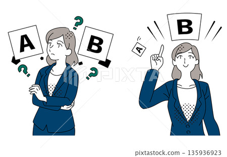 Illustration of a businesswoman comparing options and making the right decision Illustration of a businesswoman comparing options and making the right decision 135936923