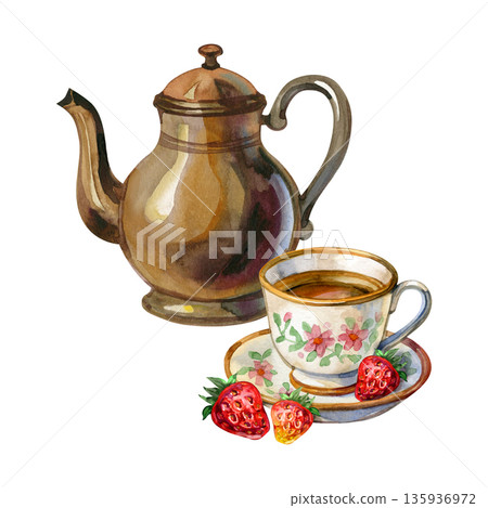 A cozy watercolor illustration featuring a vintage brass teapot and a floral tea cup with fresh strawberries. This elegant tea time composition is perfect for kitchen decor and greeting cards. 135936972