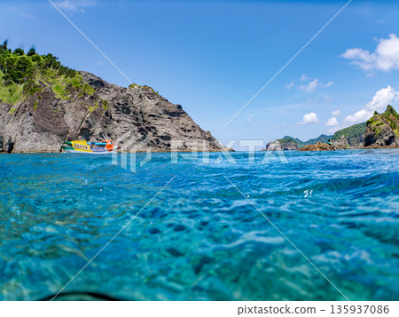Photograph of the Marine Bird sightseeing boat at Irozaki, halfway above the water. In front of Daikon Island. Hirizohama, Minamiizu Town, Nakagi, Izu Peninsula, Shizuoka Prefecture - 2025, Japan Photograph of the Marine Bird sightseeing boat at Irozaki, halfway above the water. In front of Daikon Island. Hirizohama, Minamiizu Town, Nakagi, Izu Peninsula, Shizuoka Prefecture - 2025, Japan 135937086