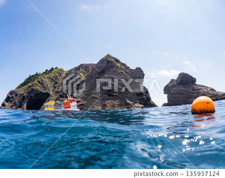 伊呂佐基港，海鳥觀光船半懸於水面之上，背景為白蘿蔔島。日本靜岡縣伊豆半島中木市南伊豆町平枝濱，郵編2025。 135937124