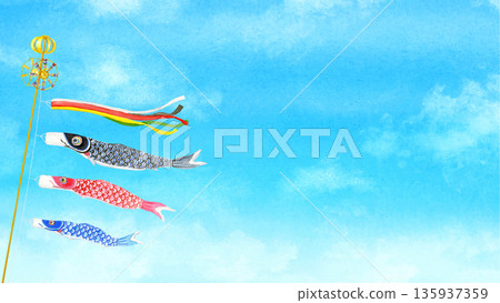 水彩插畫,描繪了鯉魚飄帶在空中遊動的景象 水彩插畫,描繪了鯉魚飄帶在空中遊動的景象 135937359