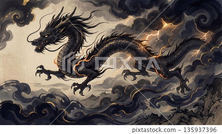 一條黑龍在空中游弋，衝破烏雲，劃破夜空，閃電劃破夜空。 135937396