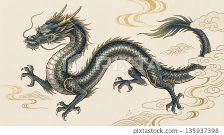 碧藍巨龍在天際游弋，金色雲朵緩緩飄蕩。 135937398