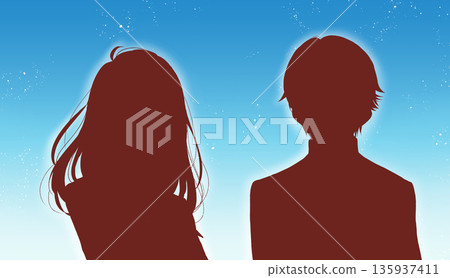 身著水手服的女學生和身著校服的男學生，充滿動力，藍天白雲 135937411