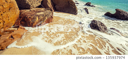 Galapinhos beach on a sunny day. Rocky seascape. Setubal region, Atlantic Ocean, Portugal 135937974