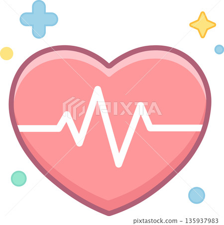 Flat color heart icon with ECG heartbeat line and medical symbols, representing healthcare. 135937983