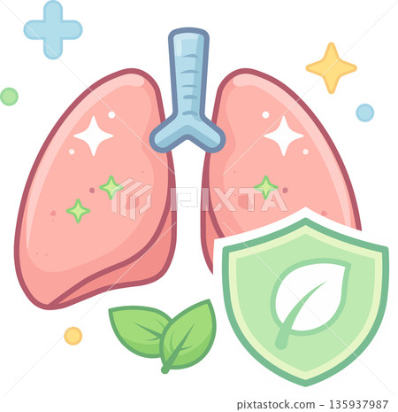 Flat color lung health protection icon with eco leaf shield, representing clean air, respiratory care, and environmental wellness. Clean vector illustration for hospital, insurance, and healthcare Flat color lung health protection icon with eco leaf shield, representing clean air, respiratory care, and environmental wellness. Clean vector illustration for hospital, insurance, and healthcare 135937987