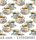 Watercolor seamless pattern with floral tea cups and saucers, hand-painted porcelain dishes, elegant botanical design for wrapping paper, textile, and cozy interior decor 135938085