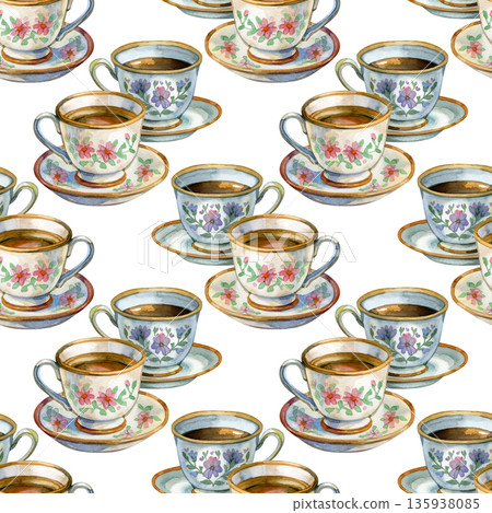 Watercolor seamless pattern with floral tea cups and saucers, hand-painted porcelain dishes, elegant botanical design for wrapping paper, textile, and cozy interior decor 135938085