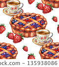 Seamless pattern with vintage variety set of sweet dessert, cupcakes, cake, pies and jams with berries isolated on white background. Watercolor hand drawn illustration sketch 135938086