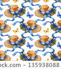 Watercolor seamless summer pattern on white background. Vintage background with rustic straw hat. 135938088