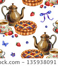 Delightful watercolor seamless pattern featuring a cozy tea party with vintage brass teapots, berry lattice pies, and floral teacups. Adorned with scattered strawberries, blueberries, and butterflies. 135938091