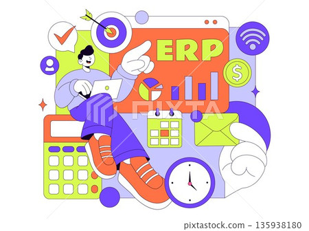 ERP Enterprise Resource Planning System Vector Illustration Featuring Business Integration, Productivity Improvement, And Company Growth Background ERP Enterprise Resource Planning System Vector Illustration Featuring Business Integration, Productivity Improvement, And Company Growth Background 135938180
