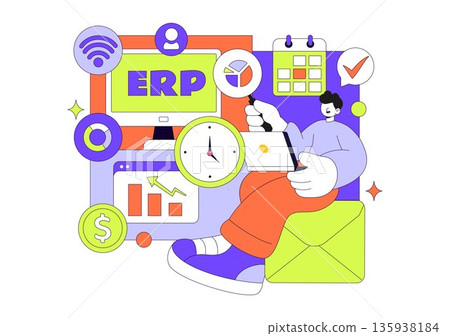 ERP Enterprise Resource Planning System Vector Illustration Featuring Business Integration, Productivity Improvement, And Company Growth Background 135938184