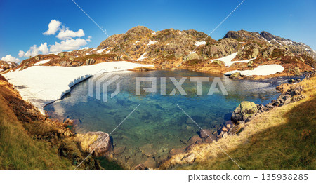 Panoramic view of the valley with a high mountain lake. Natural park in the municipality of Sauda. The beautiful nature of Norway Panoramic view of the valley with a high mountain lake. Natural park in the municipality of Sauda. The beautiful nature of Norway 135938285